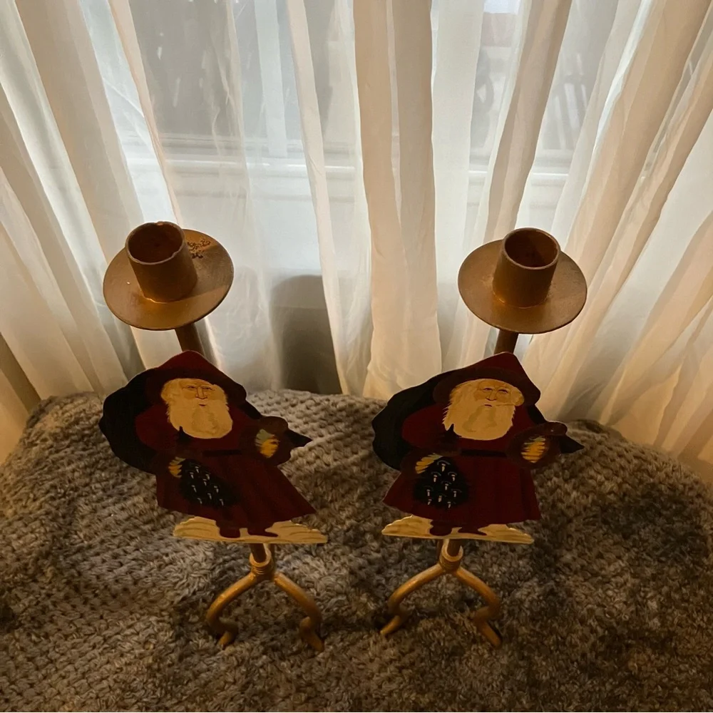Set of Vintage, Folk Art Style, Farmhouse Santa Claus 19” Metal‎ Candle Holders